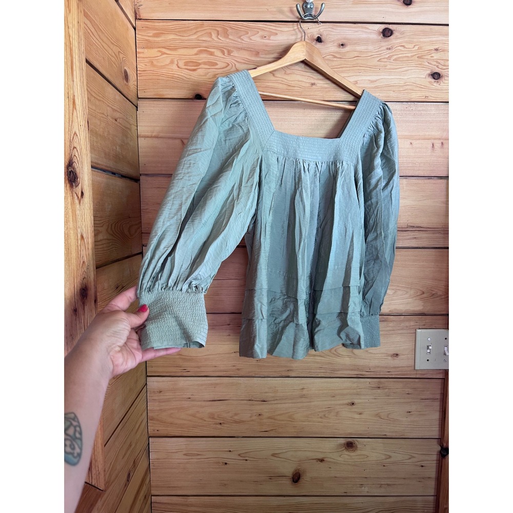 Maeve Sutton Smocked Blouse Women Small Sage Green Square Neck Bishop Sleeve Top - Picture 2 of 7